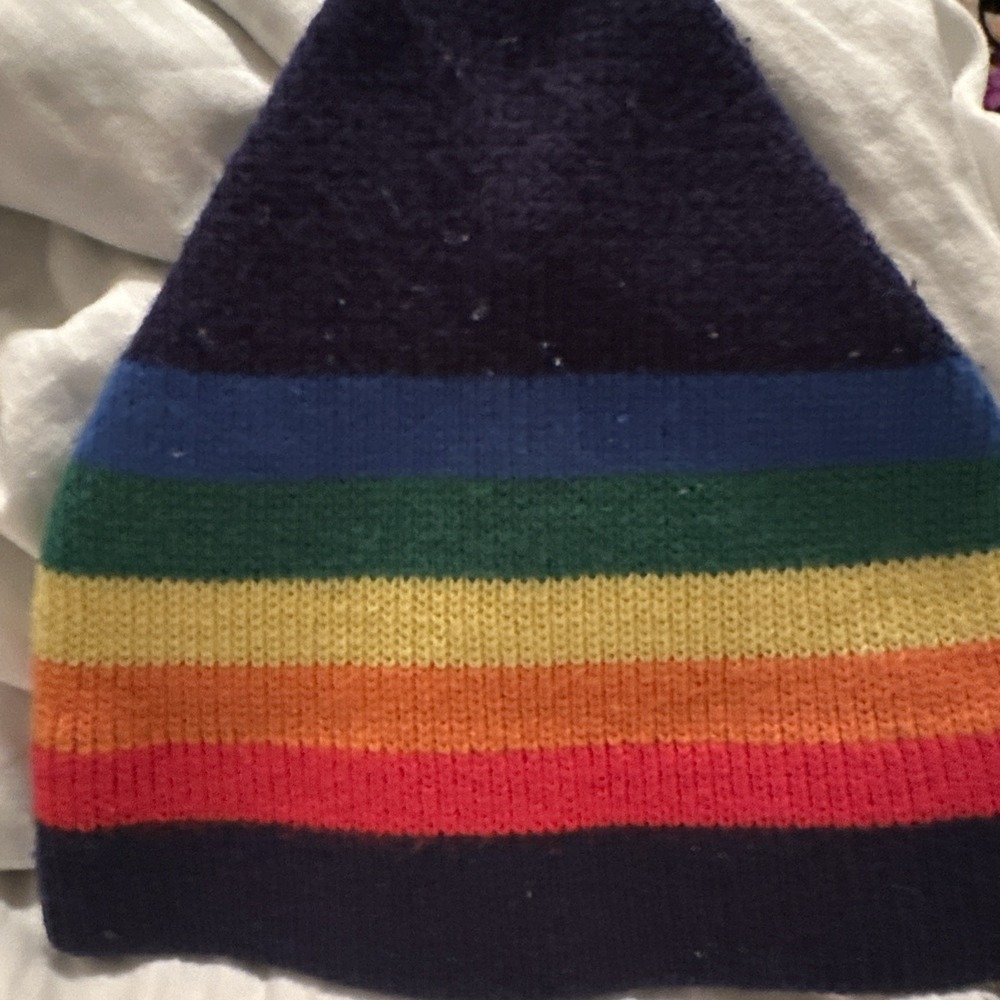Vintage 80s Rainbow Striped Knit Beanie Ski Toque Wool Cap Hippie Pride Pom Hat - Picture 3 of 8